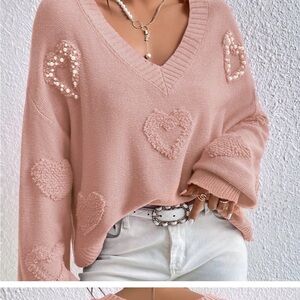 Coral Pink Boutique Womens Pearl Heart Detail V-neck Drop Shoulder Sweater